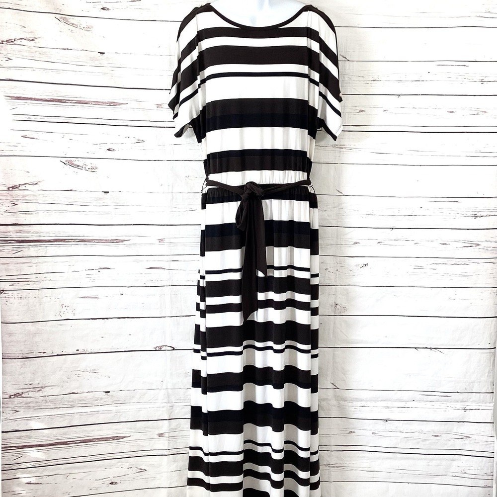 Chico's Maxi Dress Women's 2 US L-12 White Brown Stripe Jersey Stretch Boho EUC